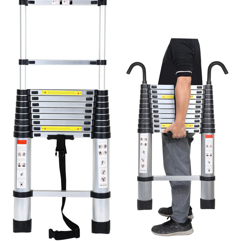 Echelle Télescopique jusqu'à 150 kg Escabeau stable en aluminium Multi-Fonction 3,8 m Avec Crochet Escabeau