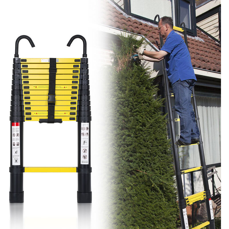 Echelle Télescopique jusqu'à 150 kg Escabeau stable en aluminium Multi-Fonction 3,8 m Avec Crochet Escabeau Jaune noir