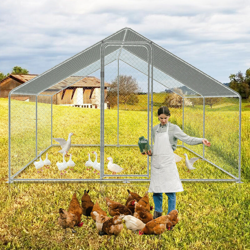 EINFEBEN Enclos poulailler Acier galvanisé avec parc grillagé avec serrure espace couvert Poulailler pour petits animaux 3 x 4 x 2 m 12m²