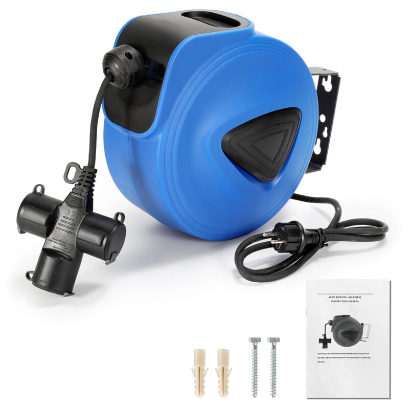 Enrouleur electrique automatique Enrouleur automatique de câble 20 m boîtier plastique cordon 1,5m pivotable 180° avec 3 prises - Einfeben