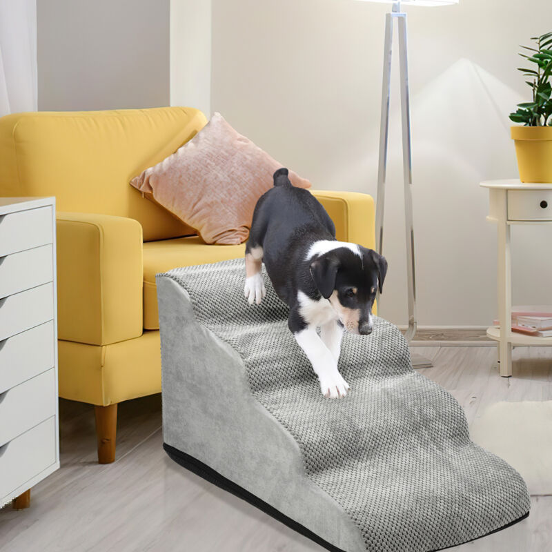 Einfeben - Escalier pour Chien Chat, en Éponge Haute Densité, Rampe avec Fond Antidérapant, Couverture Lavable, à 4 Marches gris