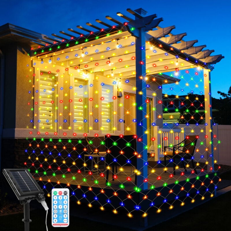 Filet Lumineux Solaire Chaîne lumineuse avec 8 modes Rideau lumineux de Noël intérieur extérieur 2x2M Multicolore - Einfeben