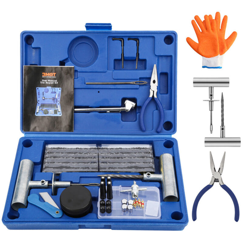 EINFEBEN Kit Réparation Pneu 73Pcs, Kit de Réparation Pneu Bleu, pour Voitures, Moto,Tracteur, Jeep,VTT, Camion, Gants