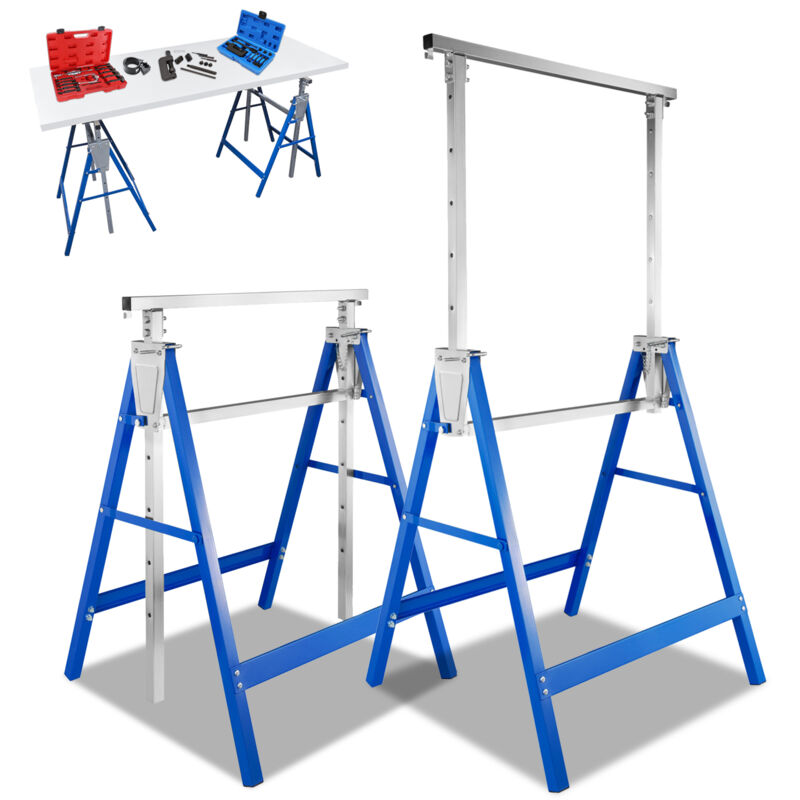 Lot de 2 tréteaux pliables télescopiques, Hauteur réglable (80-130cm), Charge maximale 200 kg, Bleu - Einfeben