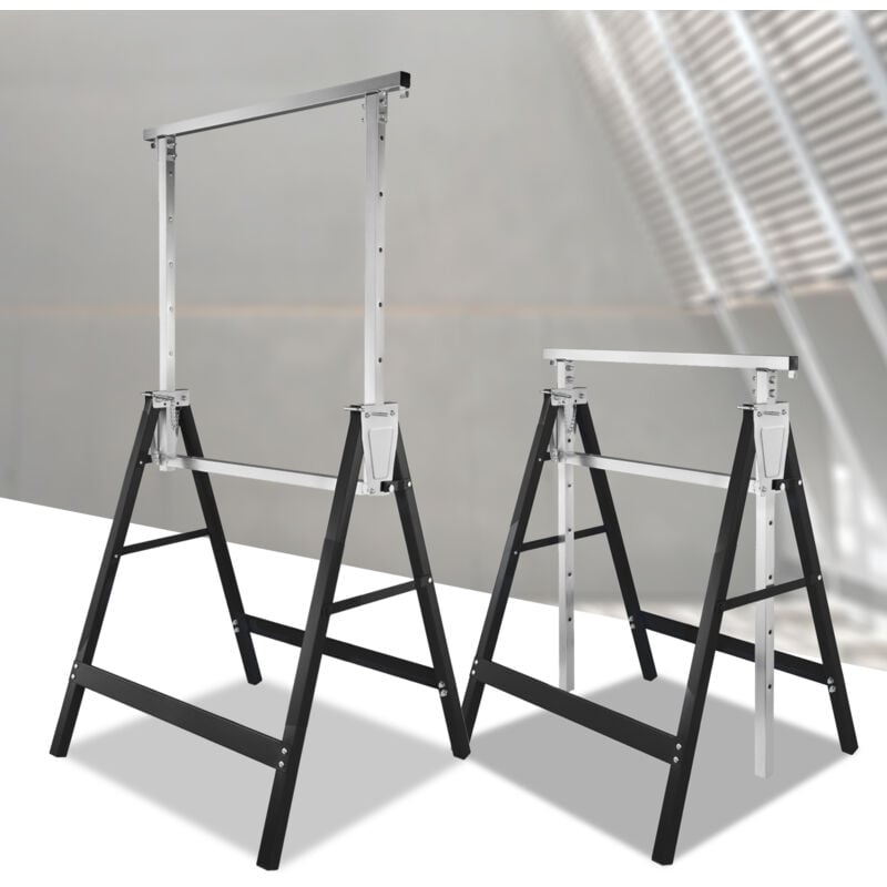 Lot de 2 tréteaux télescopiques, 7 hauteurs possibles (80-130cm), Métal, Pliable, Noir - Einfeben
