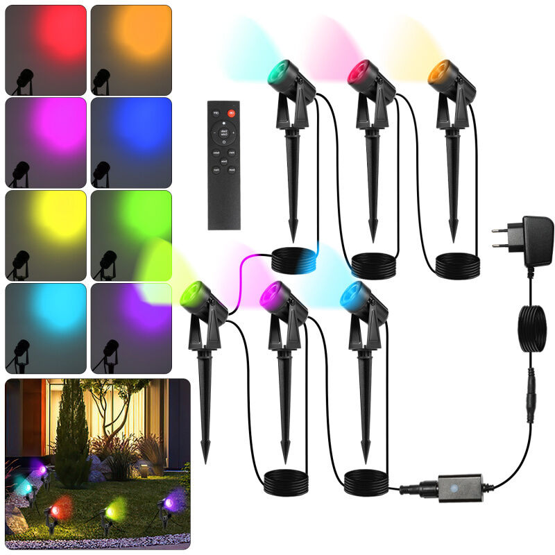 Lot de 6 Projecteur de jardin à led avec piquet de terre, éclairage de jardin avec prise étanche IP65 rgb - Einfeben