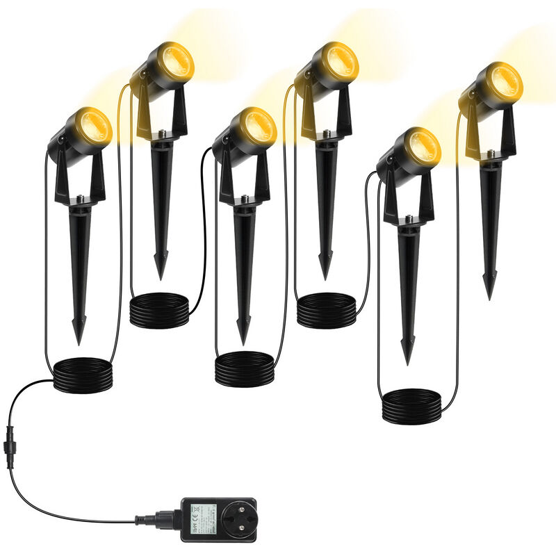 Vingo Lot de 6 Spots Piquets Extérieurs, Projecteur de jardin à led avec prise étanche IP65 cob blanc chaud