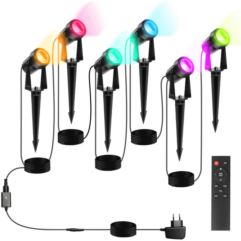 Lot de 6 Spots Piquets Extérieurs, Projecteur de jardin à led avec prise étanche IP65 cob rgb - Einfeben