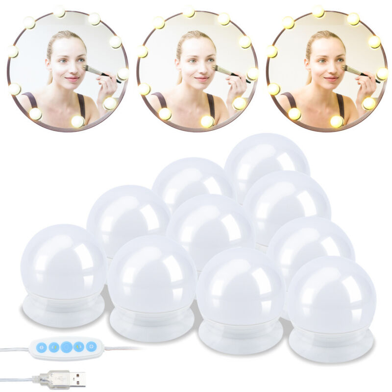 Lumière de Miroir pour le maquillage ,10 Ampoules pour Coiffeuse Maquillage usb avec Interrupteur,3 Couleurs,Blanc, avec Adaptateur,10W - Einfeben