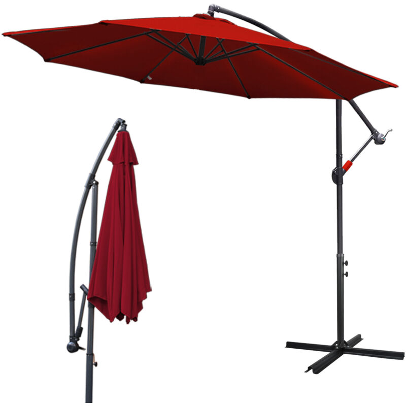 Parasol 350 cm rouge - manivelle - protection uv hydrofuge pliable - Parapluie de marché