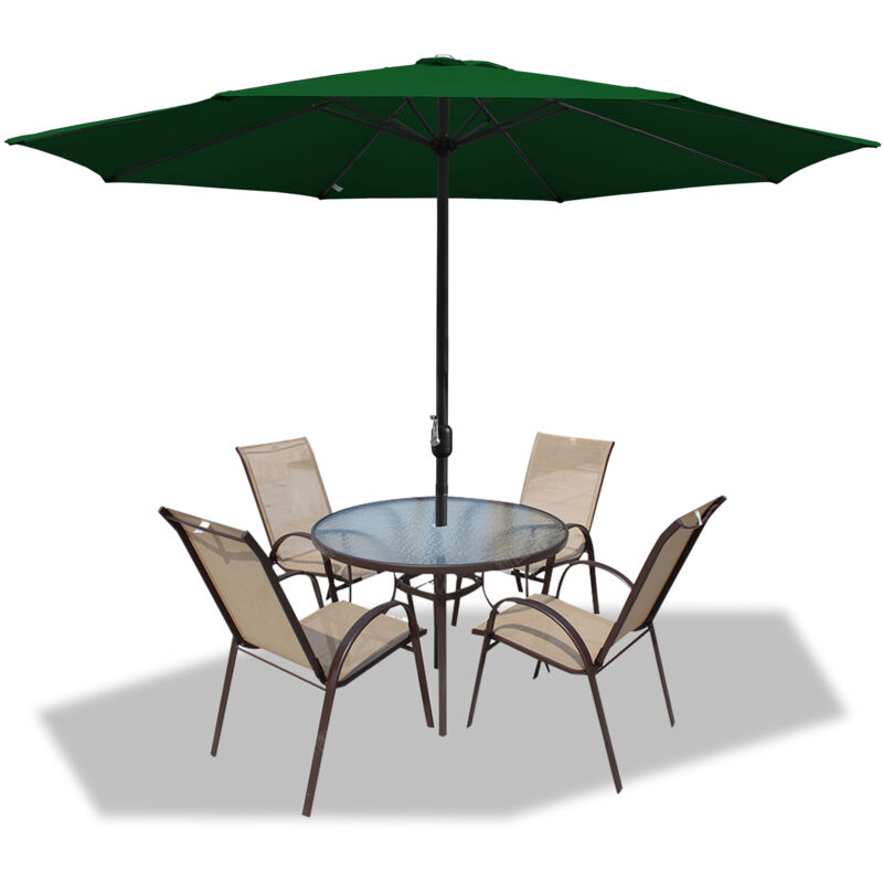 Parasol droit rond Ø350cm - mât central en aluminium orientable et manivelle d'ouverture, Vert, Parasol de plage
