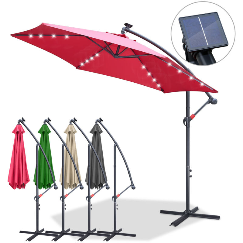 Parasol Deporté Lumineux Ø300CM - 24 led & Base en Croix - Hauteur et Angle Réglables - Système de Manivelle, Vin Rouge - Einfeben