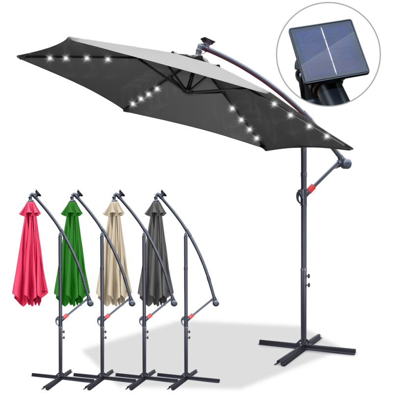 EINFEBEN Parasol Deporté Lumineux Ø350CM - 32 LED & Base en Croix - Hauteur et Angle Réglables - Système de Manivelle, Gris