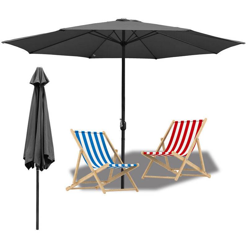 Parasol de Jardin 350 cm, UV30+, Parasol d'Extérieur, Parasol de Terrasse, Manivelle, Gris, Parapluie hawaïen - gris