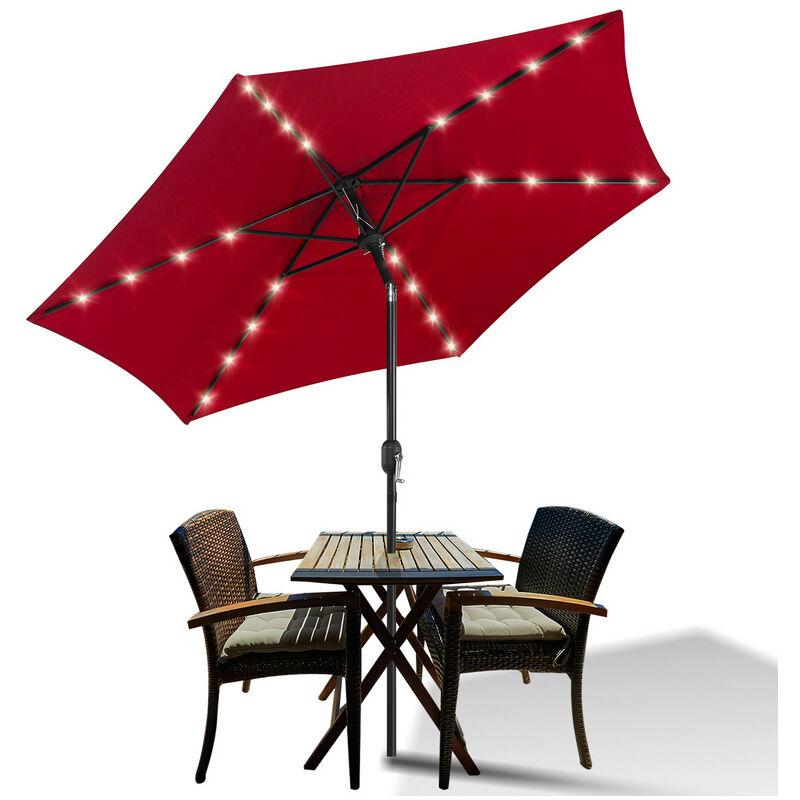 Parasol Ø270CM - Hauteur et Angle Réglables - Système de Manivelle, Rouge, Parapluie hawaïen, Parapluie d'extérieur, vec 36 led Solaire - rouge