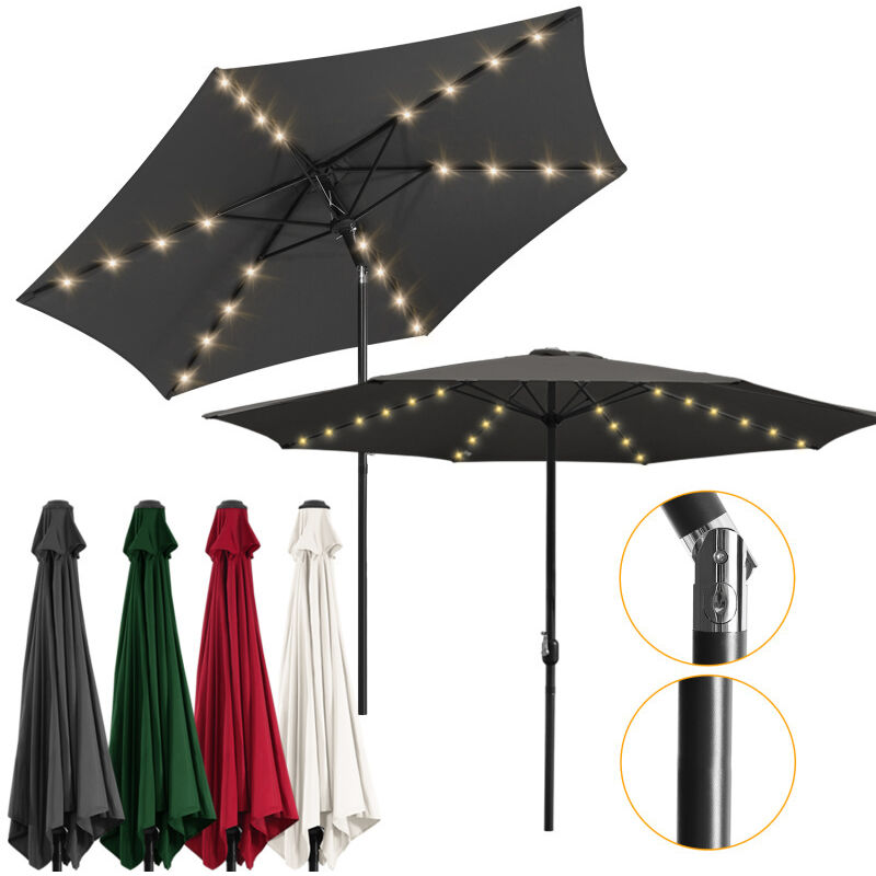 Parasol droit rond Ø270cm - mât central en orientable et manivelle d'ouverture, Gris, Parapluie hawaïen, vec 36 led Solaire