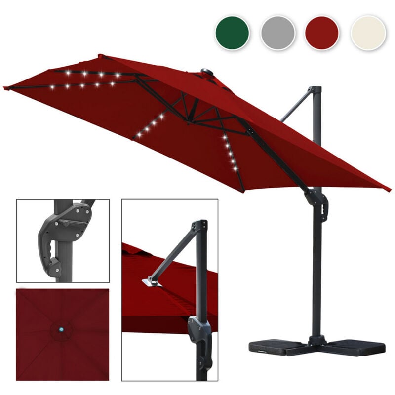 Parasol jardin déporté, Parasol Parapluie - Alu - 360° rotatif - 3 x 3 m - avec led - Rouge - Einfeben