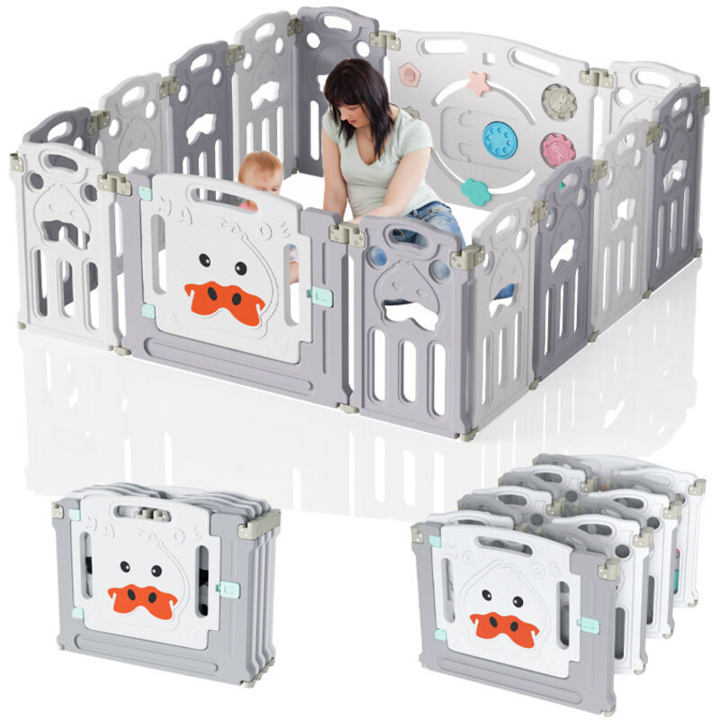 Swanew Parc bébé Plastique 12+2 Panneaux Barrière Sécurité pour Enfants Pliable avec Panneaux d'Activité et Porte - gris et blanc