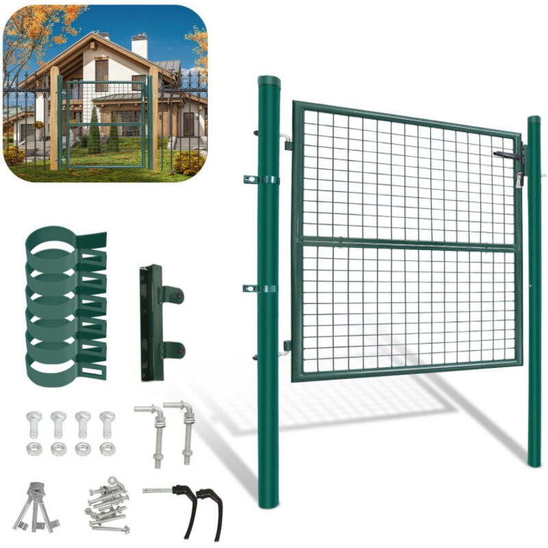 EINFEBEN Portillon de jardin Clôture avec serrure et poignée PORTAIL en Acier Galvanisé Revêtement en poudre Vert Poteau rond 125x100cm