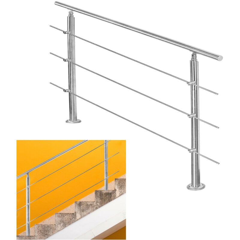 Rampe d'escalier acier inoxydable main courante balustrade Garde-corps argenté 100 cm 3 crossbars