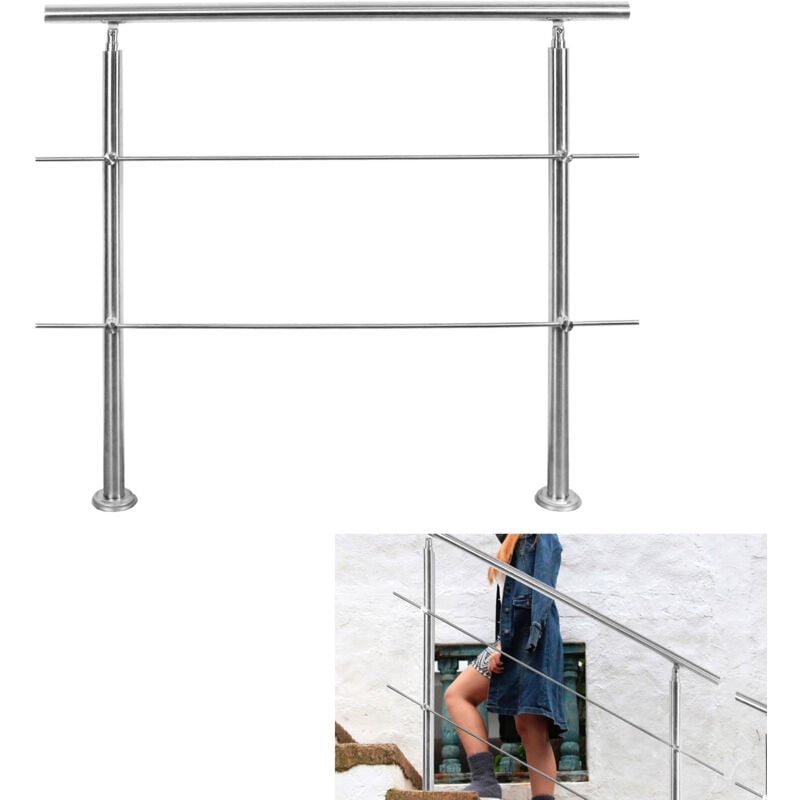 Rampe d'escalier acier inoxydable main courante balustrade Garde-corps argenté 150 cm 2 crossbars