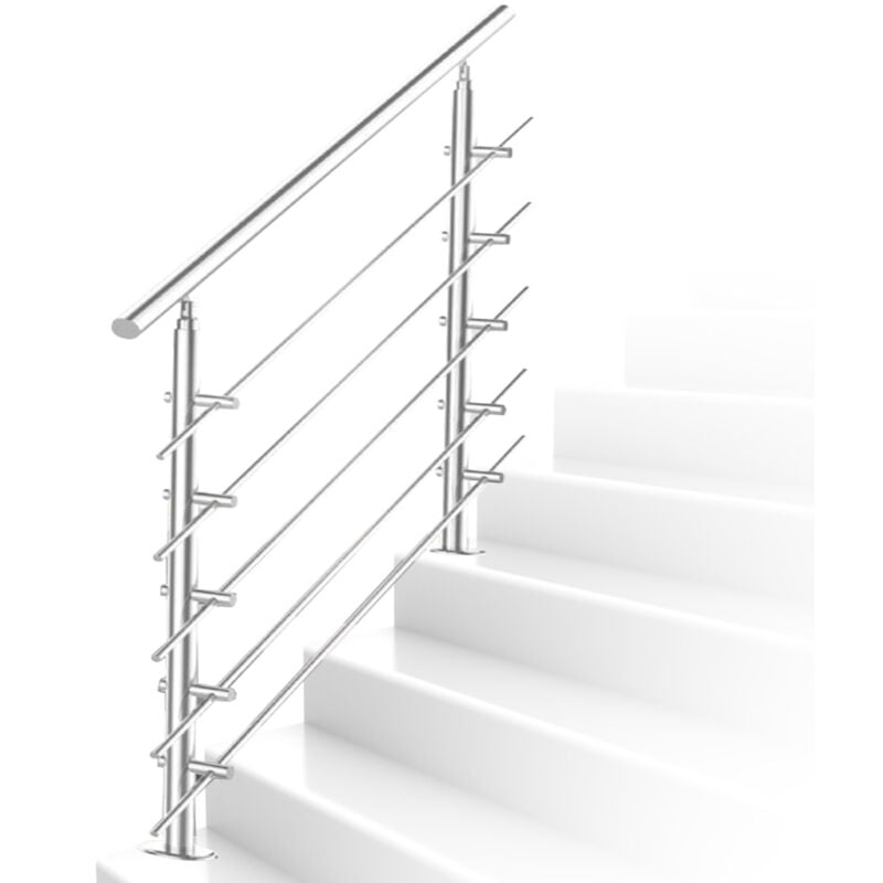 Rampe d'escalier acier inoxydable main courante balustrade Garde-corps argenté 150 cm 5 crossbars