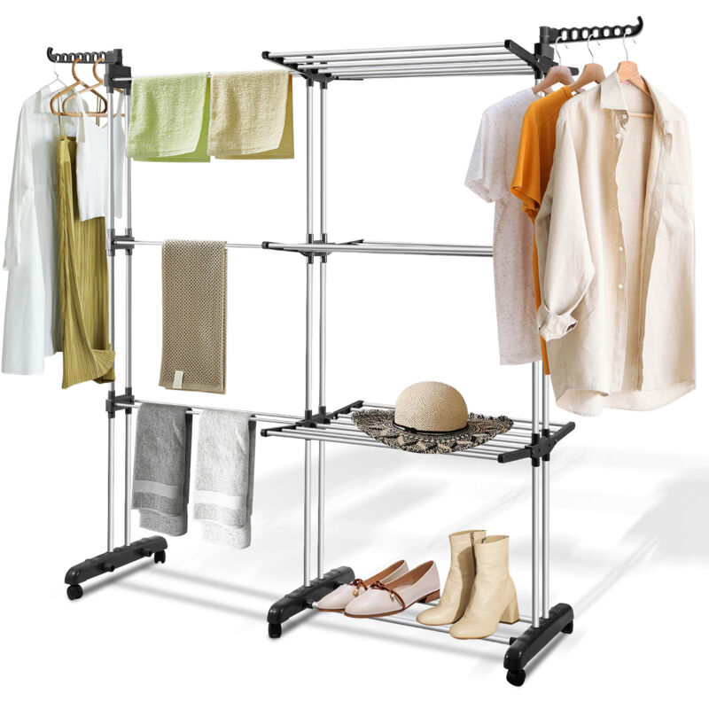 Séchoir à linge pliable & télescopique, réglables barre télescopique, Séchoir Mobile à 4 Niveaux, Gris - Einfeben