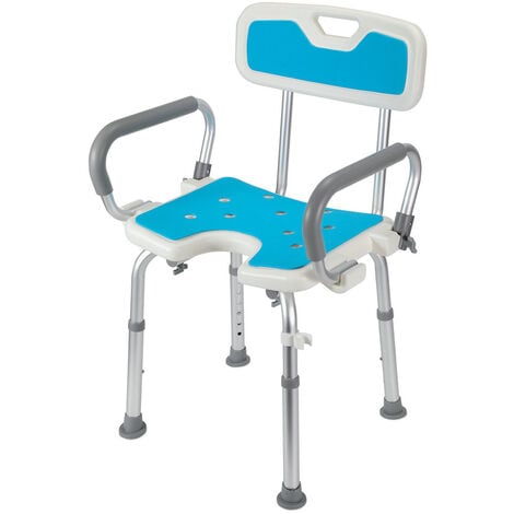 RANDACO EINFEBEN Siège de douche réglable en hauteur tabouret de douche antidérapants charge max.136 Kg alu HDPE blanc Bleu Accoudoir réversible Avec dossier