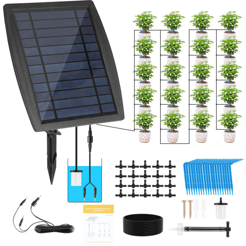 Système d'irrigation solaire Systèmes d'irrigation à énergie solaire avec 12 Modes de Minuterie+Tuyau de 20m pour Jardin Plantes de Balcon Légumes