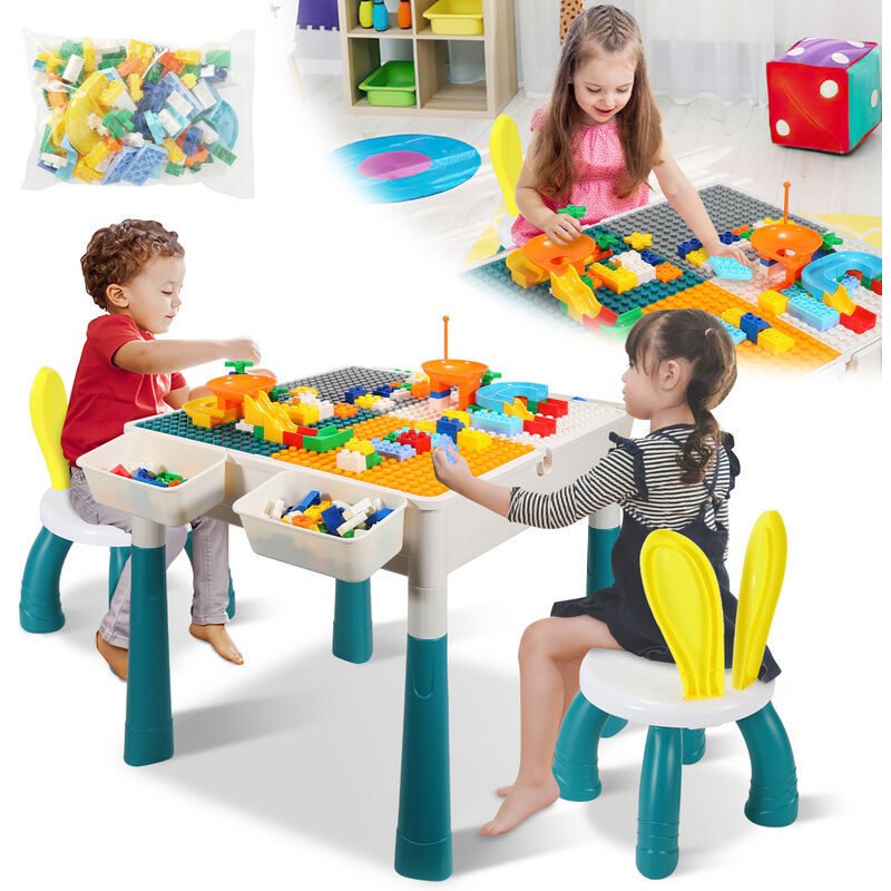 Table d'activités pour enfants avec 2 chaises ,251 pièces de briques double face Table d'activités multifonctionnelle Set pour enfants 3-10 ans