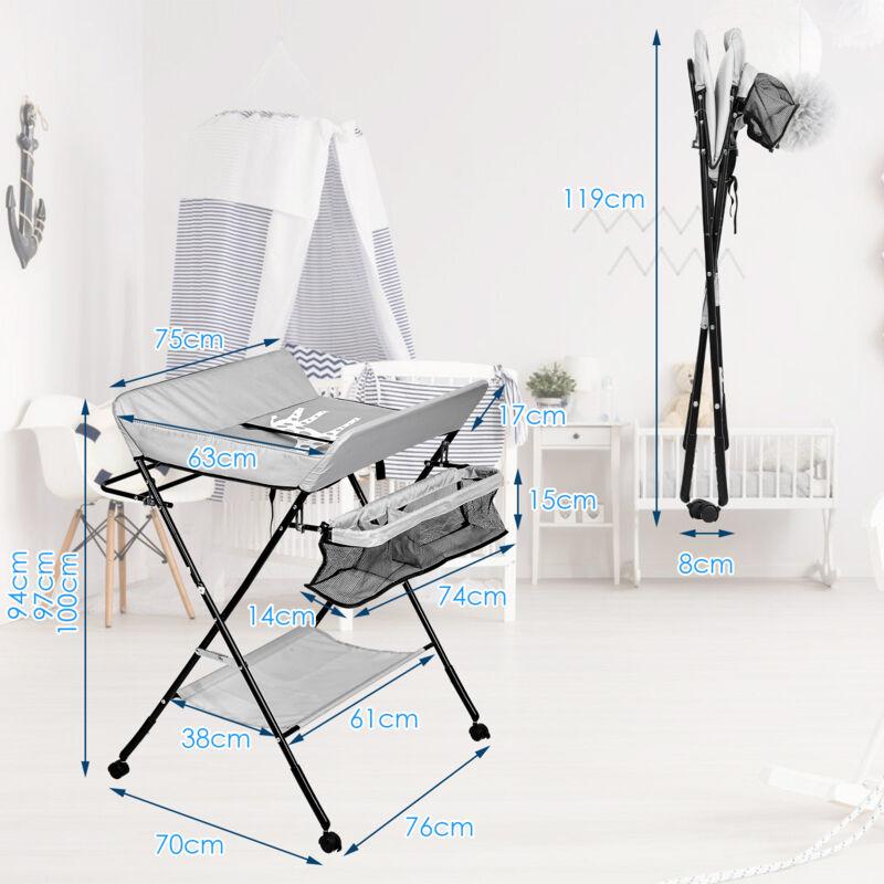 EINFEBEN Table à langer pliable pour bébé, Étagère à langer Combinaison à langer Réglable en hauteur avec panier de rangement Gris