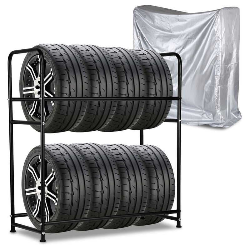 Tagère à pneus en fer Porte-pneu Support de pneus solide - Étagère du rangement des 8 pneus durable et robuste 107 x 46 x 117 cm, Noir - Einfeben