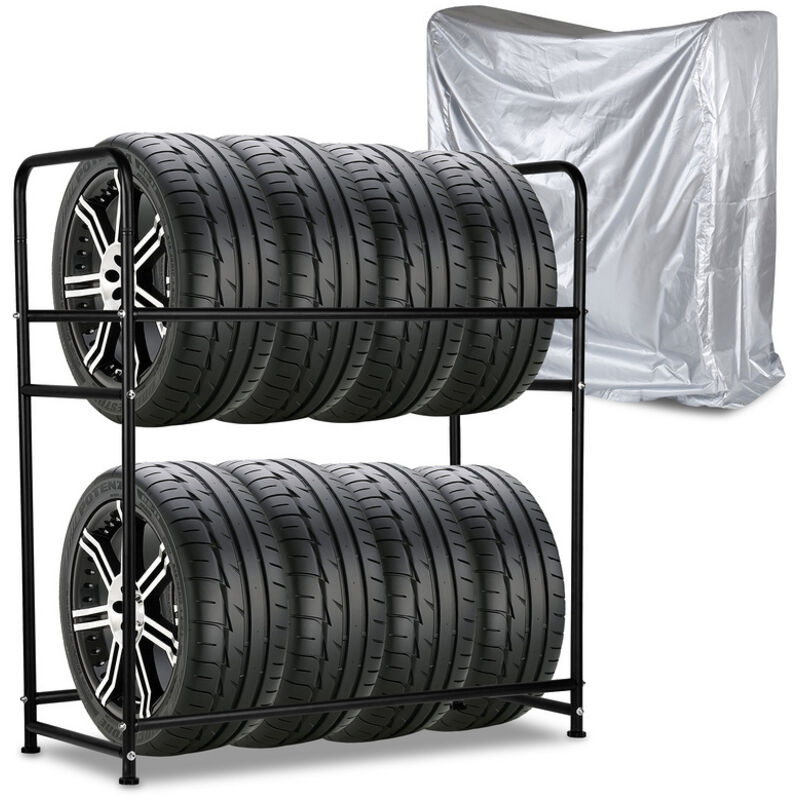 Tagère à pneus en fer Porte-pneu Support de pneus solide - Étagère du rangement des 8 pneus durable et robuste 107 x 46 x 117 cm, Noir - Einfeben