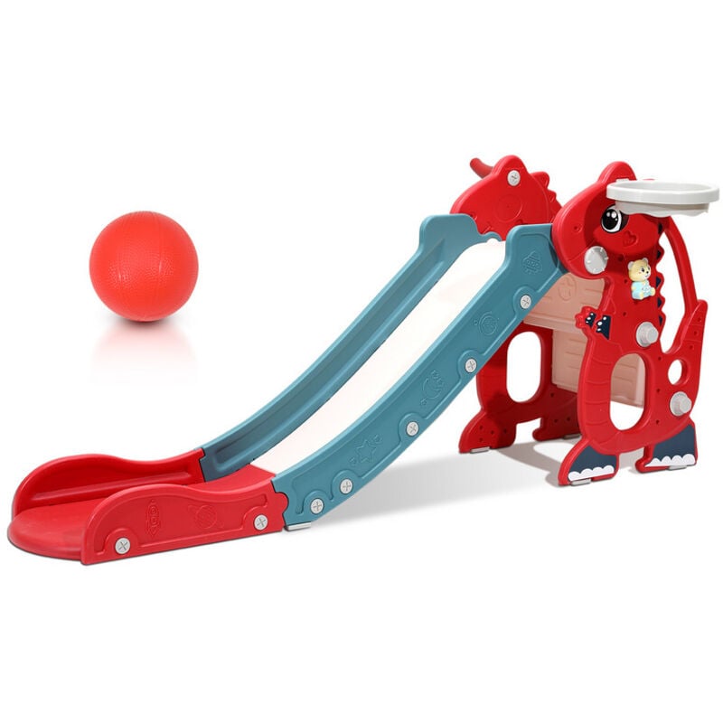 Einfeben - Toboggan pour enfants 4 en 1 Aire de jeux pliable avec panier de basket Anneau de lancer Apprentissage de l'anglais rouge