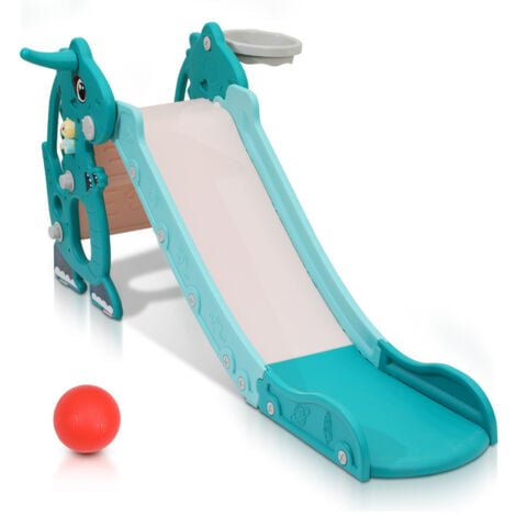 EINFEBEN Toboggan pour enfants 4 en 1 Aire de jeux pliable avec panier de basket Anneau de lancer Apprentissage de l'anglais vert