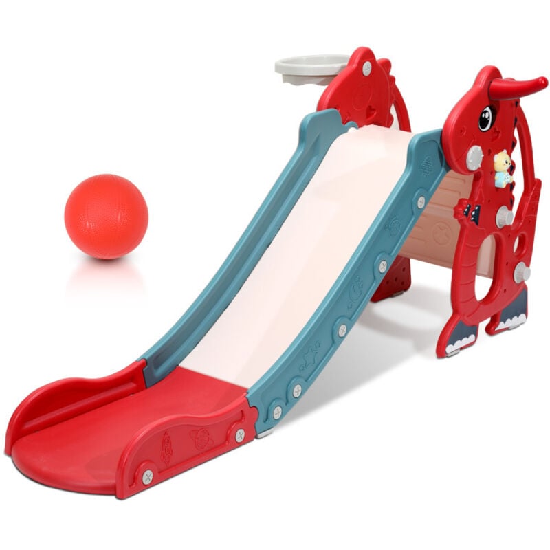 Einfeben - Toboggan pour enfants Toboggan de jardin 4 en 1 avec panier de basket Anneau de lancer Apprentissage de l'anglais rouge