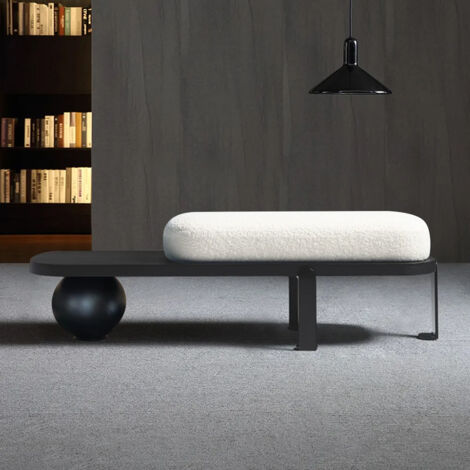 Eingangsbank modern aus Holz, weiches Bouclé-Fleece, Metallfüße in abstraktem Design – Praktisch zum Schuhanziehen und Aufbewahren