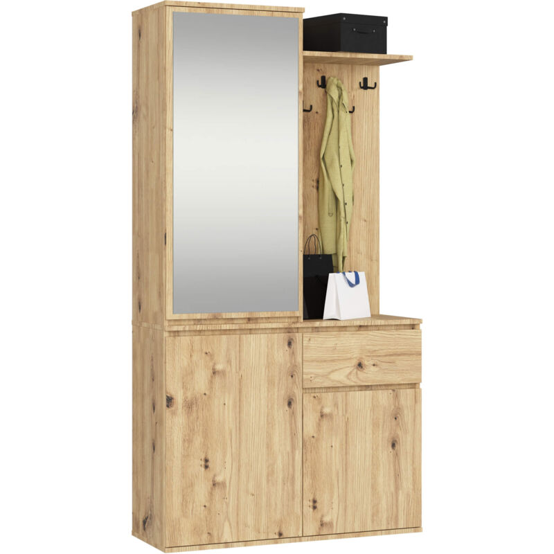 Akord Eingangsmöbel-set Entro Mit Kleiderschrank Und Spiegel Eiche Artisan 3 Türen 1 Schublade 7 Einlegeböden 95x35x183 Cm