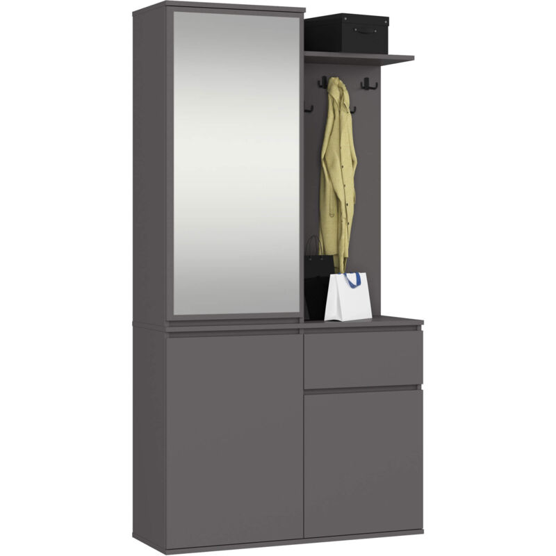 Akord - Eingangsmöbel-set Entro Mit Kleiderschrank Und Spiegel Graphitgrau 3 Türen 1 Schublade 7 Einlegeböden 95x35x183 Cm