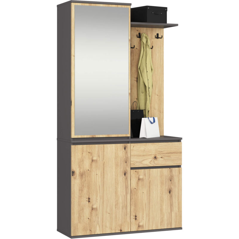 Akord Eingangsmöbel-set Entro Mit Kleiderschrank Und Spiegel Grau, Eiche Artisan 3 Türen 1 Schublade 7 Einlegeböden 95x35x183 Cm