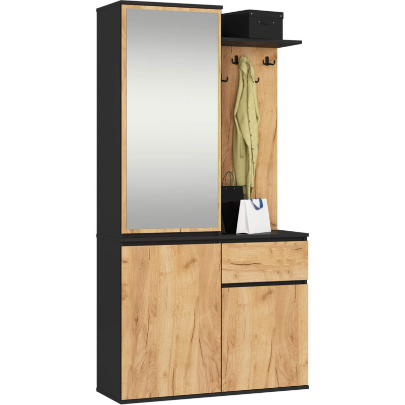 Akord Eingangsmöbel-set Entro Mit Kleiderschrank Und Spiegel Schwarz, Craft-eichenfarben 3 Türen 1 Schublade 7 Einlegeböden 95x35x183 Cm