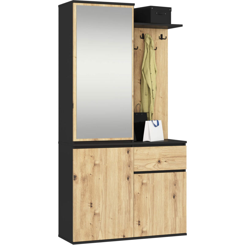 Akord Eingangsmöbel-set Entro Mit Kleiderschrank Und Spiegel Schwarz, Eiche Artisan 3 Türen 1 Schublade 7 Einlegeböden 95x35x183 Cm