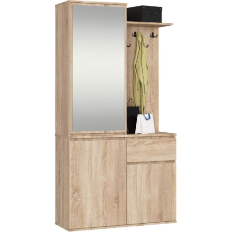 Eingangsmöbel-Set ENTRO mit Kleiderschrank und Spiegel Sonoma Eiche 3 Türen 1 Schublade 7 Einlegeböden 95x35x183 cm
