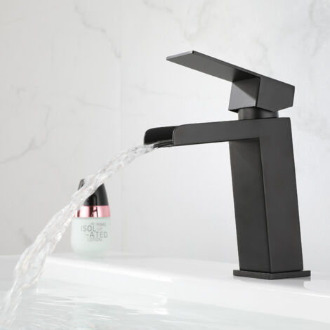 Einhebel-Waschbeckenhahn, schwarzer Wasserfall-Waschtischhahn, Badezimmerhahn mit hohem Auslauf, Messing