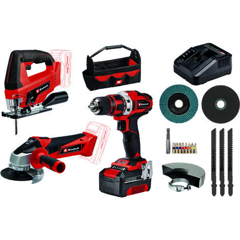 Einhell Akku-Bohrschrauber TE-CD 18/40 Li + Akku-Winkelschleifer TC-AG 18/115 Li + Akku-Stichsäge TC-JS 18 Li Power X-Change (18 V, inkl. 1x 4,0 Ah Akku, Ladegerät, Zubehör, Tasche)