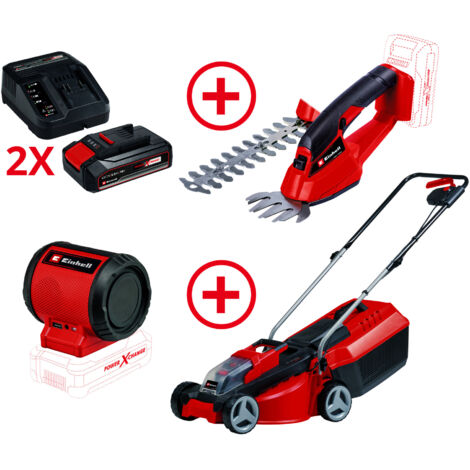 Einhell Akku-Rasenmäher + Akku-Gras- und Strauchschere + 2x 2,5 Ah Starter-Kit + Akku-Lautsprecher