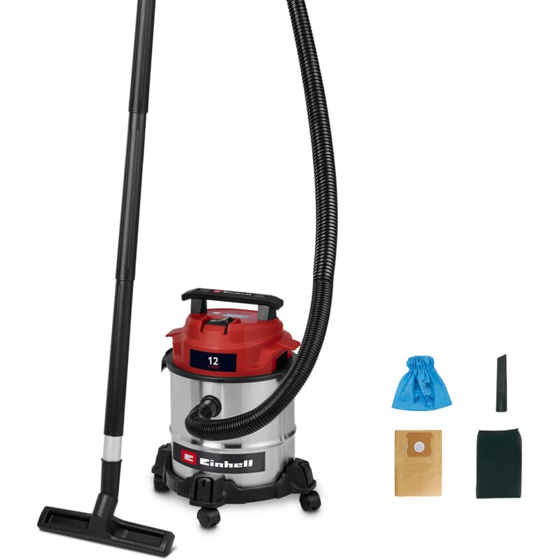 Einhell Aspirateur eaux et poussières TC VC 18121 180 mbar cuve de 12 avec suceur plat et brosse combinée filtre en mousse sac collecteur de poussière et sac filtrant