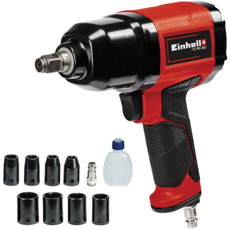 Einhell Boulonneuse pneumatique TC-PW 340 (couple max. 340 Nm, rotation gauche/droite, poignée en caoutchouc, avec 8 douilles, flacon d'huile (vide), raccord)