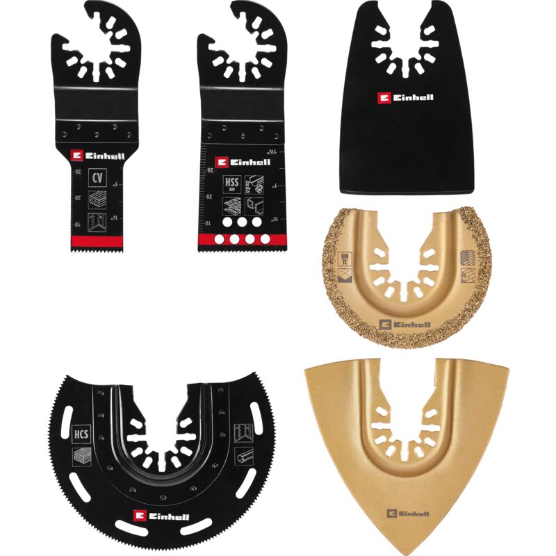 Einhell Set de 6 Accessoires universels pour outils multifonctions (lame de scie plongeante BIM et CrV, lame de scie semi-circulaire HCS, lame de scie semi-circulaire HM, râpe Delta, grattoir flexible