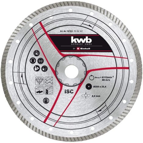Einhell - Disco da taglio a diamante turbo originale, 250 x 25,4 mm (accessori per taglia-pietra, Ø 250 x 25,4 mm, diametro 6 mm, diametro massimo 7650 min-1, per tagliapietra)